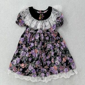 Vintage Girls' Roanna Lace Floral Dress Purple White Black Baby Size‎ 18 Mo?
